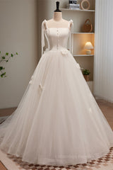 Wedding Dresses Short, Ivory Bow Tie Shoulder Pearl Bows Tulle Long Wedding Dress