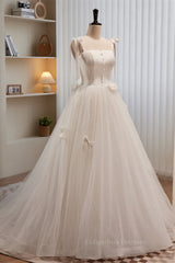 Wedding Dresses Under 511, Ivory Bow Tie Shoulder Pearl Bows Tulle Long Wedding Dress