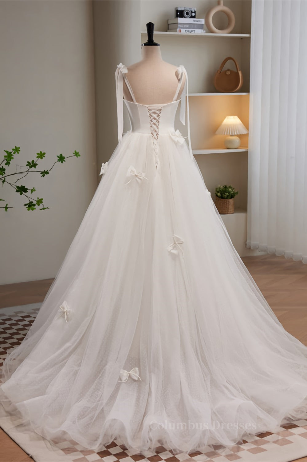 Wedding Dress Unique, Ivory Bow Tie Shoulder Pearl Bows Tulle Long Wedding Dress