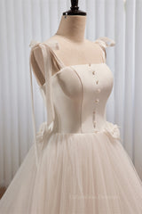 Wedding Dress Gowns, Ivory Bow Tie Shoulder Pearl Bows Tulle Long Wedding Dress