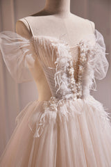 Prom Dresses With Short, Ivory Floor Length Beaded Straps Prom Dress, Ivory Tulle Evening Dress