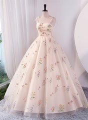 Prom Dress Graduacion, Ivory Floral Tulle Ball Gown Straps Sweet 16 Dress, Ivory Long Party Dress Formal Dress