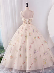 Prom Dress 3 4 Sleeves, Ivory Floral Tulle Ball Gown Straps Sweet 16 Dress, Ivory Long Party Dress Formal Dress