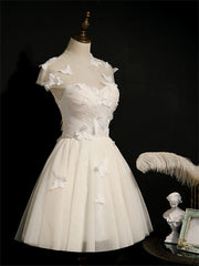 Formal Dress Fashion, Ivory Homecoming Dress With Cap Sleeves, Butterfly Appliques Short Prom Dress