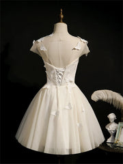 Formal Dress Elegant, Ivory Homecoming Dress With Cap Sleeves, Butterfly Appliques Short Prom Dress