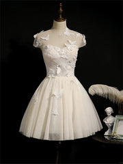 Formal Dresses Fashion, Ivory Homecoming Dress With Cap Sleeves, Butterfly Appliques Short Prom Dress