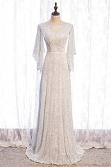 Evening Dress Ideas, Ivory Mermaid Sequins Cut-Out Flaunt Sleeves Long Formal Dress