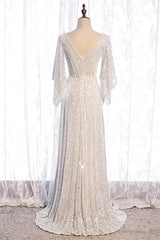 Evening Dresses Short, Ivory Mermaid Sequins Cut-Out Flaunt Sleeves Long Formal Dress