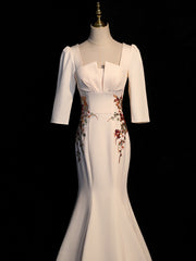 Wedding Dress Inspiration, Ivory Mermaid Short Sleeves Wedding Party Dress, Ivory Long Evening Dress Prom Dress
