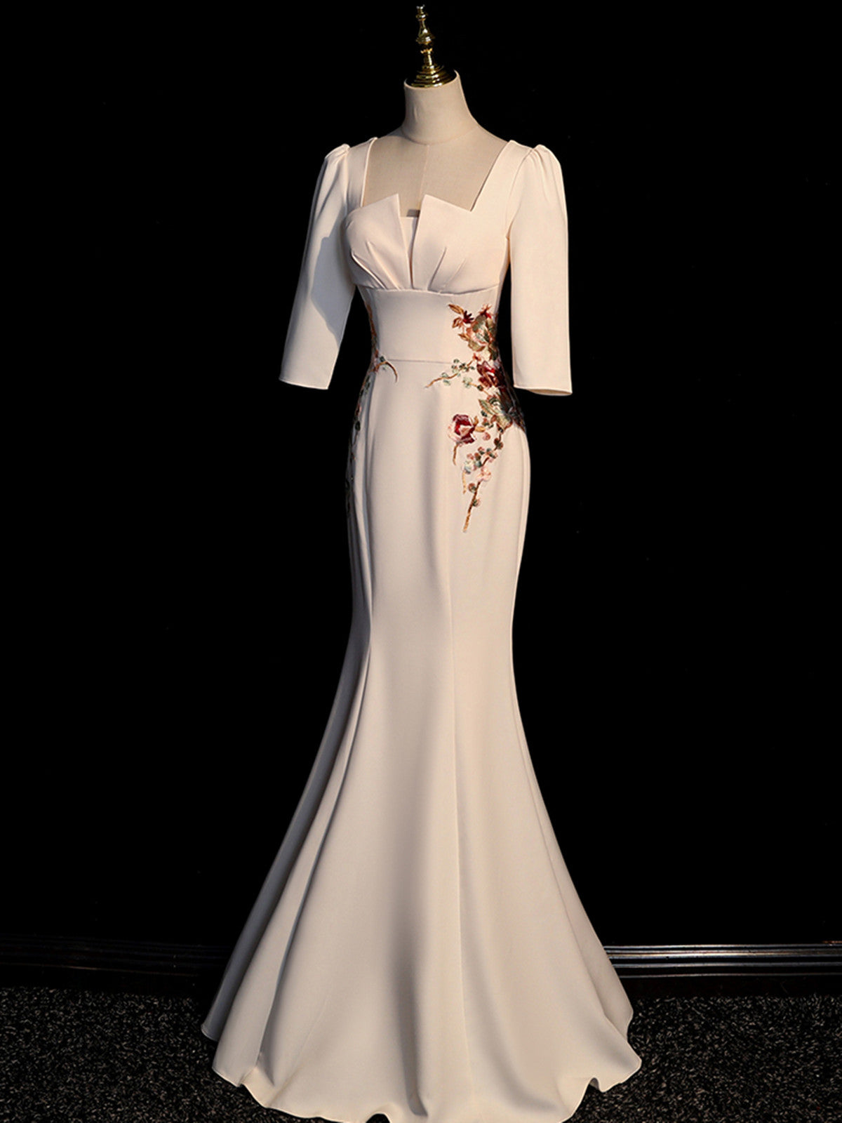 Wedding Dress With Sleeves, Ivory Mermaid Short Sleeves Wedding Party Dress, Ivory Long Evening Dress Prom Dress
