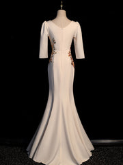 Wedding Dresses Simple, Ivory Mermaid Short Sleeves Wedding Party Dress, Ivory Long Evening Dress Prom Dress