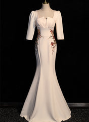 Wedding Dresses With Sleeves, Ivory Mermaid Short Sleeves Wedding Party Dress, Ivory Long Evening Dress Prom Dress