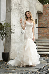 Wedding Dress For Large Bust, Ivory Mermaid Tulle Lace Appliques V-neck Wedding Dresses with Cascading Ruffles