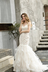 Wedding Dress Vintage Lace, Ivory Mermaid Tulle Lace Appliques V-neck Wedding Dresses with Cascading Ruffles