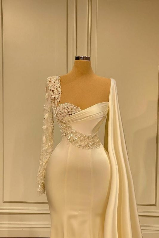 Evening Dress Long Sleeve, Ivory One Shoulder Asymmetric Prom Dress with Ruffles