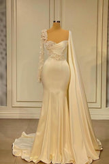 Evening Dresses Long Sleeve, Ivory One Shoulder Asymmetric Prom Dress with Ruffles