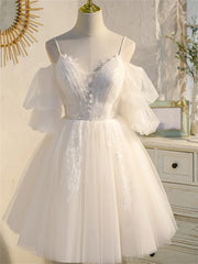 Formal Dress Black, Ivory Spaghetti Strap V-neck Lace Homecoming Dress, Tulle Short Prom Dress