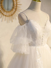Formal Dresses On Sale, Ivory Spaghetti Strap V-neck Lace Homecoming Dress, Tulle Short Prom Dress
