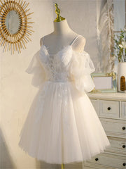 Formal Dress On Sale, Ivory Spaghetti Strap V-neck Lace Homecoming Dress, Tulle Short Prom Dress