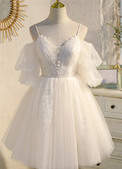 Formal Dresses Black, Ivory Spaghetti Strap V-neck Lace Homecoming Dress, Tulle Short Prom Dress
