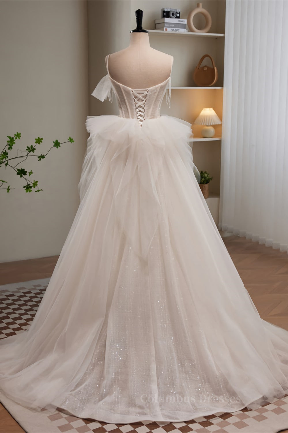 Bridesmaid Dress Inspo, Ivory Straps Beading Bows Ruffle Pleated Long Prom Dress