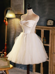 Prom Dress Long Sleeves, Ivory Tulle and Satin Short Party Dress, Ivory Homecoming Dress Graduation Dress