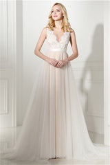 Wedding Dress For Spring, Ivory Tulle Lace Scoop Neck Floor Length Wedding Dresses