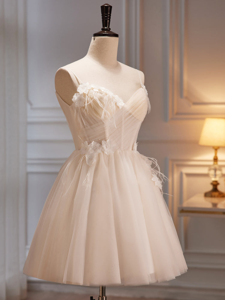 Bridesmaid Dress Tulle, Ivory Tulle Short Homecoming Dress with Flowers, Ivory Short Prom Dress