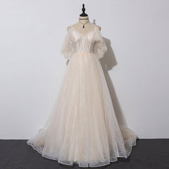 Prom Dresses Colors, Ivory Tulle V-neckline Straps Off Shoulder Long Evening Dress, A-line Prom Dress Party Dress
