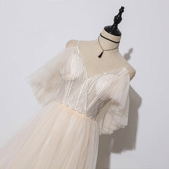Prom Dress Colorful, Ivory Tulle V-neckline Straps Off Shoulder Long Evening Dress, A-line Prom Dress Party Dress