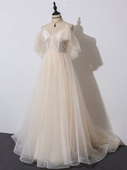 Prom Dresses Colorful, Ivory Tulle V-neckline Straps Off Shoulder Long Evening Dress, A-line Prom Dress Party Dress