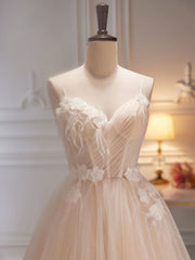 Bridesmaids Dresses Chiffon, Ivory Tulle with Flowers Straps Prom Dress, A-line Ivory Party Dress