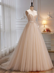 Bridesmaid Dress For Girls, Ivory Tulle with Flowers Straps Prom Dress, A-line Ivory Party Dress