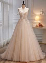 Bridesmaid Dress Chiffon, Ivory Tulle with Flowers Straps Prom Dress, A-line Ivory Party Dress