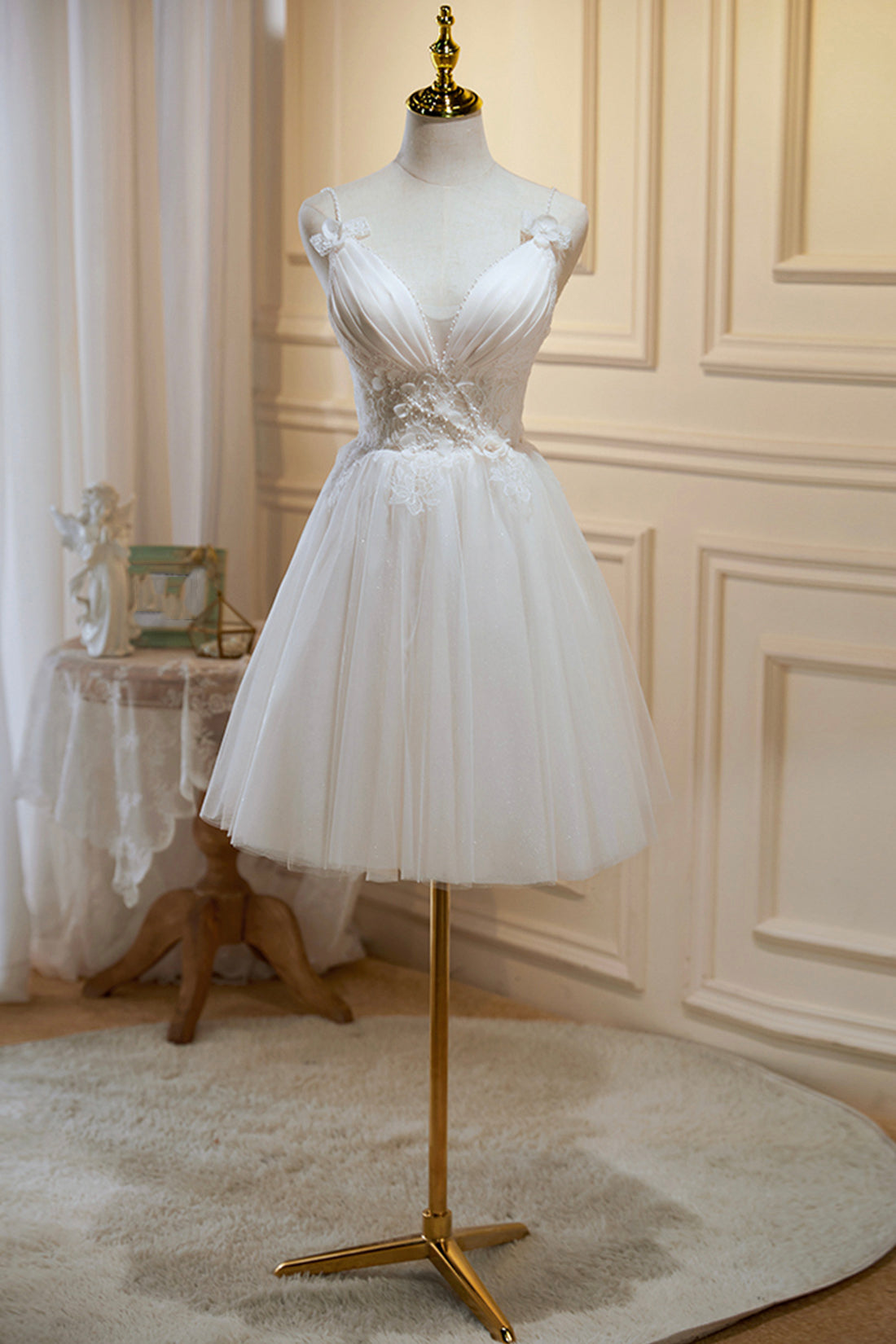 Prom Dress Types, Ivory V Neck Tulle Lace Knee Length Prom Dress, Cute A-Line Homecoming Dress