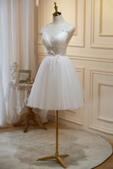 Prom Dress Type, Ivory V Neck Tulle Lace Knee Length Prom Dress, Cute A-Line Homecoming Dress