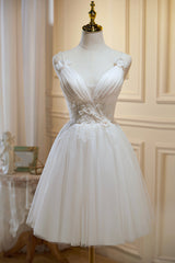 Prom Dresses Beautiful, Ivory V Neck Tulle Lace Knee Length Prom Dress, Cute A-Line Homecoming Dress