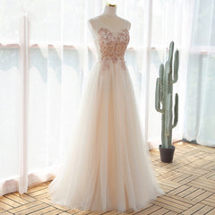 Bridesmaid Dresses Long, Ivory V-neckline Floor Length Tulle Prom Dress, Beaded Formal Dress Evening Dress