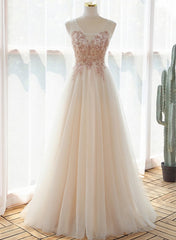 Bridesmaid Dresses Wedding, Ivory V-neckline Floor Length Tulle Prom Dress, Beaded Formal Dress Evening Dress