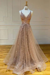 Formal, Sparkly Spaghetti Straps V Neck Lace Appliques Prom Dresses, Long Evening Dresses