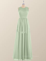 Sundress, Jewel Neck Sage Green Chiffon Long Bridesmaid Dress