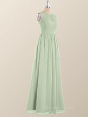 Hoco, Jewel Neck Sage Green Chiffon Long Bridesmaid Dress