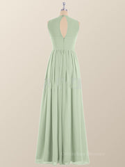 Short Black Dress, Jewel Neck Sage Green Chiffon Long Bridesmaid Dress