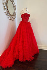 White Wedding, Red Beaded  Formal Dress with Slit