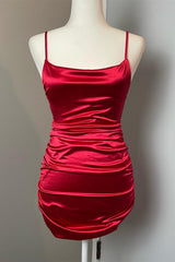 Homecoming Dress Elegant, Red Satin Sheath Straps Homecoming Dress
