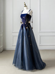 Evening Dresses For Weddings, Blue Spaghetti Strap Velvet Long Prom Dress with Star, Blue Evening Dress Party Dress