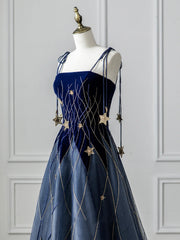 Evening Dresses Wholesale, Blue Spaghetti Strap Velvet Long Prom Dress with Star, Blue Evening Dress Party Dress