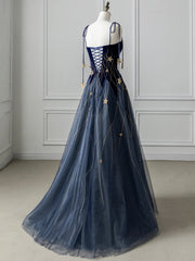 Evening Dresses Unique, Blue Spaghetti Strap Velvet Long Prom Dress with Star, Blue Evening Dress Party Dress