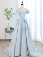 Evening Dress Gown, Blue Satin Tulle Long Prom Dress, Off Shoulder Formal Evening Dress