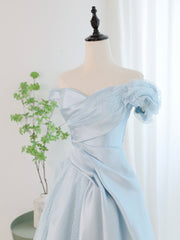 Evening Dress Gowns, Blue Satin Tulle Long Prom Dress, Off Shoulder Formal Evening Dress